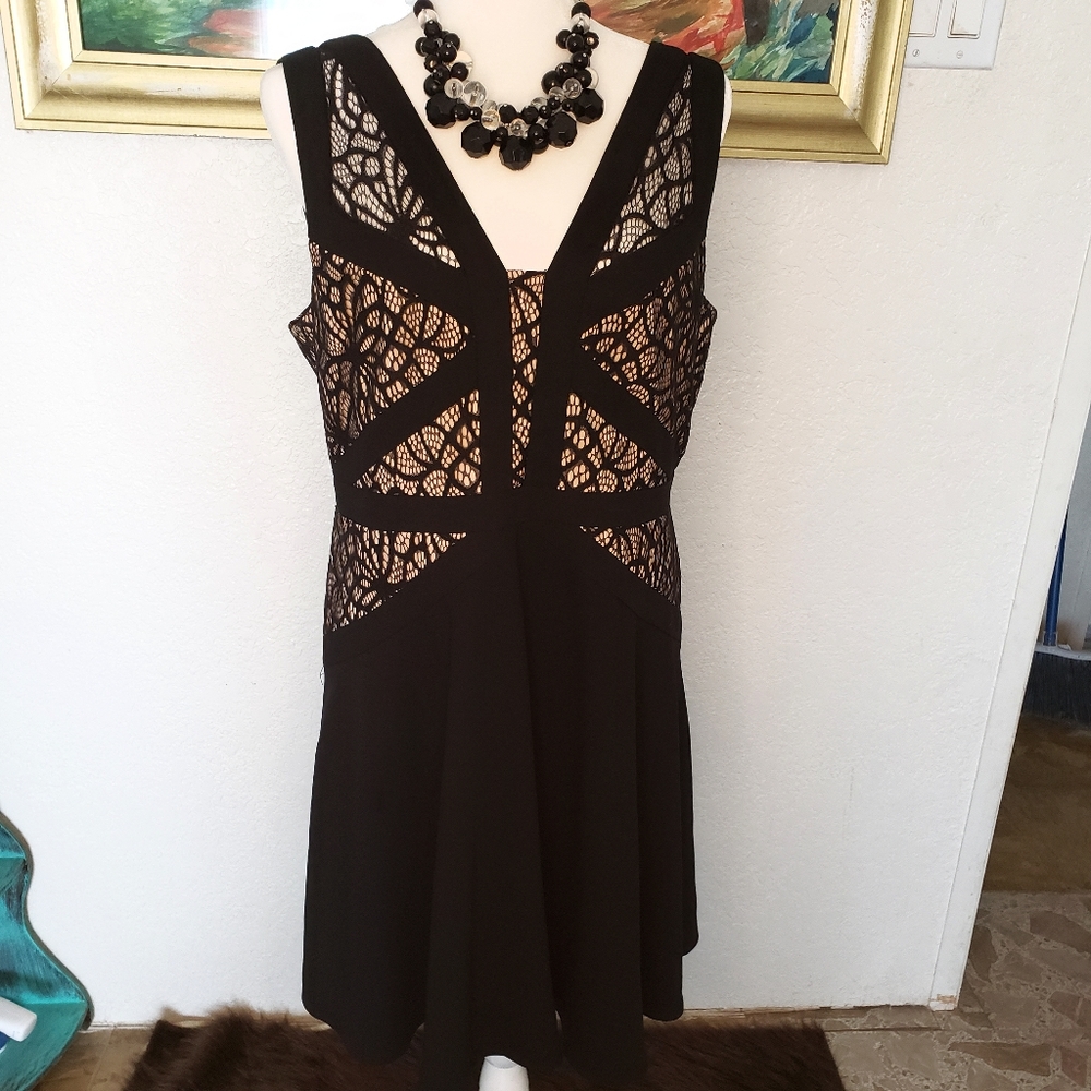 Aidan Mattox Crepe and Lace Dress Black and Tan 14